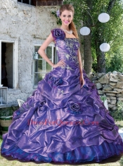 2015 Latest A-line One Shoulder Appliques and Hand Made Flowers Quince Dress in Purple