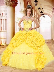 2015 Popular Sweetheart Beading and Pick-ups Yellow Dresses for Quinceanera