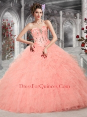2015 Pretty Sweetheart Peach Quinceanera Dresses with Beading and Ruffles