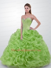 2015 Romantic Strapless Beaded and Ruffled Quinceanera Gown in Green
