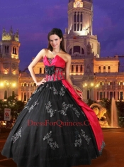Beautiful Strapless Appliques and Bowknot Red and Black Quinceanera Dresses For 2015