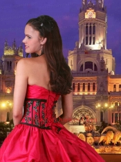 Beautiful Strapless Appliques and Bowknot Red and Black Quinceanera Dresses For 2015