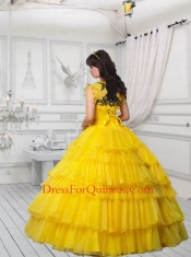 Beautiful Strapless Yellow Quinceanera Dress with Appliques and Ruffled Layers for 2015