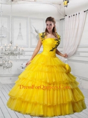Beautiful Strapless Yellow Quinceanera Dress with Appliques and Ruffled Layers for 2015 Beautiful Strapless Yellow Quinceanera Dress with Appliques and Ruffled Layers for 2015