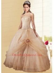 Cheap Champagne Quinceanera Dress with Embroidery and Hand Made Flower for 2015