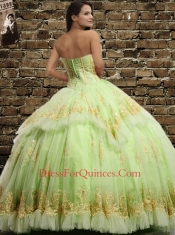 Classical Tulle Ruching and Appliques Quinceanera Dress in Yellow Green for 2015