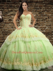 Classical Tulle Ruching and Appliques Quinceanera Dress in Yellow Green for 2015