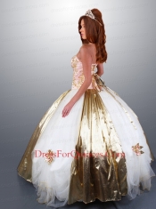 Embroidery White and Gold Hand Made Flowers Quinceanera Dress