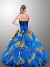 Modern Strapless Beading and Ruffles Quinceanera Dress in Blue and Orange