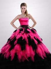 Most Popular Strapless Ruffles Quinceanera Dresses in Hot Pink and Black for 2014