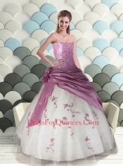 Perfect A-Line Strapless Appliques White and Purple Dress For Quinceanera