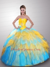 Popular Colorful Strapless Beaded Decorate Quinceanera Dress with Ruffles for 2015