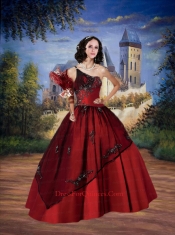 Puffy One Shoulder Wine Red 2014 Quinceanera Gown with Appliques