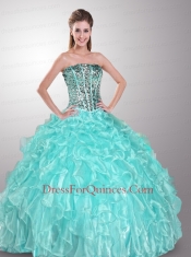 Romantic Strapless Beaded and Ruffled Quinceanera Dress in Aque Blue