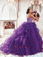 Scoop Beaded Decorate Brush Train Quinceanera Dress in Purple