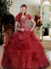 Strapless Orgazna Rolling Flowers Quinceanera Dress in Wine Red
