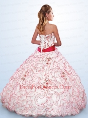 Strapless White and Blue Quinceanera Gown with Appliques