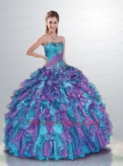 2014 Amazing Sweetheart Beading and Ruffles Quinceanera Dress in Blue and Purple
