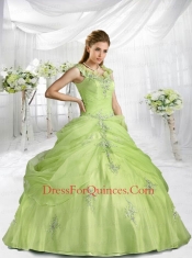 2014 Beautiful Yellow Green Straps Dresses For a Quinceanera with Appliques and Pick-ups