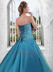 2014 Charming Appliques and Beading Blue Strapless Quinceanera Dresses
