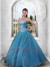 2014 Charming Appliques and Beading Blue Strapless Quinceanera Dresses