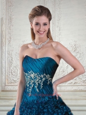 2014 Elegant Strapless Teal Quinceanera Dress with Appliques and Pick Ups