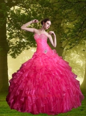 2014 Fashionable Hot Pink Quinceanera Dresses with Beading and Ruffles