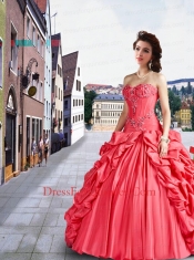 2014 Fashionable Sweetheart Appliques and Pick-ups Watermelon Red Dresses For a Quinceanera