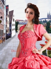 2014 Fashionable Sweetheart Appliques and Pick-ups Watermelon Red Dresses For a Quinceanera