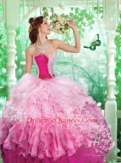 2014 Inexpensive Sweetheart Pink Beading and Ruffles Quince Dresses