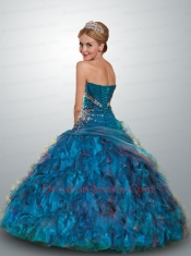 2014 Luxurious Strapless Blue Quinceanera Dresses with Beading and Ruffles