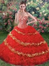 2014 Luxurious Sweetheart Appliques and Ruffles Quinceanera Dress in Red