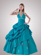 2014 Modest Halter Top Teal Quinceanera Dress with Appliques and Pick-ups