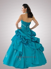 2014 Modest Halter Top Teal Quinceanera Dress with Appliques and Pick-ups