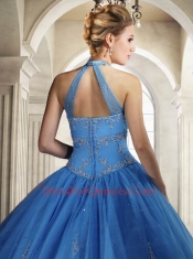 2014 Modest Halter Top Tulle Appliques Quinceanera Dress in Blue
