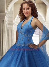 2014 Modest Halter Top Tulle Appliques Quinceanera Dress in Blue
