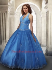 2014 Modest Halter Top Tulle Appliques Quinceanera Dress in Blue
