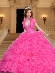 2014 Most Popular Beading and Ruffles Sweetheart Hot Pink Quinceanera Dress