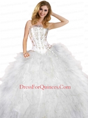 2014 New Arrival Strapless Appliques and Ruffles White Quincenera Dresses