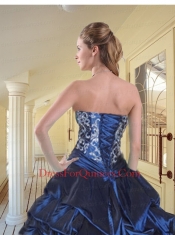 2014 New Style Strapless Navy Blue Sweet Sixteen Dresses with Appliques and Pick-ups