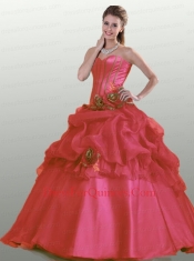 2014 Popular Strapless Coral Red Quinceanera Dresses with Hand Made Flowers and Ruffles
