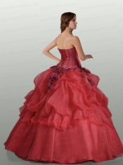 2014 Popular Strapless Coral Red Quinceanera Dresses with Hand Made Flowers and Ruffles