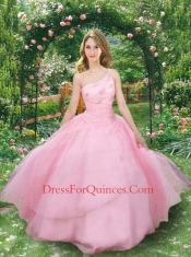 2014 Pretty Good One Shoulder Pink Quinceanera Gown with Appliques