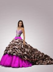 2014 Sweetheart Chapel Train Quinceanera Dresses with Beading and Pick-ups