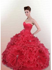 Amazing Sweetheart Beaded Decorate Quinceanera Dress in Red with Ruching