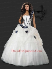 Beautiful One Shoulder Hand Made Flowers Quinceanera Dress in White For 2014
