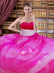Beautiful Strapless Hot Pink Organza Quinceanera Dress with Hand Made Flowers