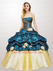 Cheap Strapless Teal Quinceanera Gown with Appliques