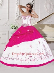 Embroidery Taffeta Sweet 16 Dress in White and Hot Pink