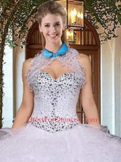 Exquisite White and Blue Quinceanera Dress with Beading and Ruffles